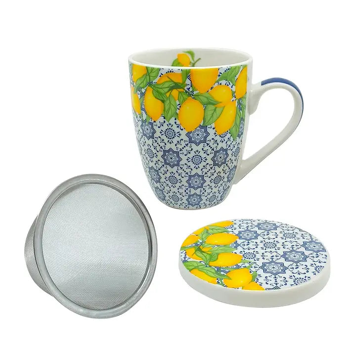 Lemon Patterned Mug with Strainer & Cover/Coaster