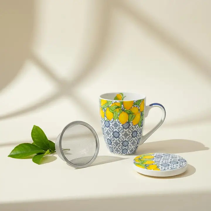 Lemon Patterned Mug with Strainer & Cover/Coaster