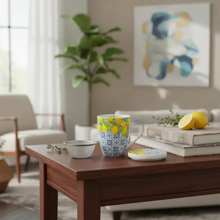 Lemon Patterned Mug with Strainer & Cover/Coaster
