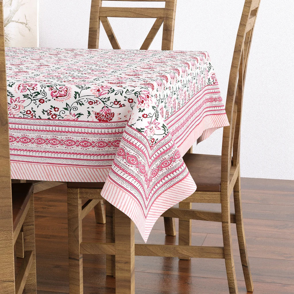 Hand Block Printed (Pink Floral) Pure Cotton Table Cloth | 220 cm X 150 cm