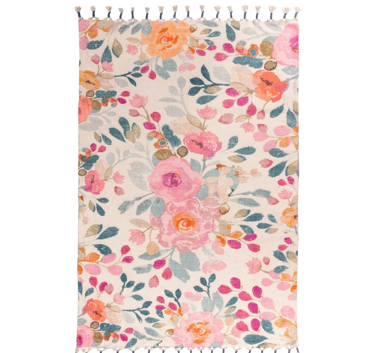 Posies Spring Floral Cotton Rug with Dual-Colored Tassel Trim
