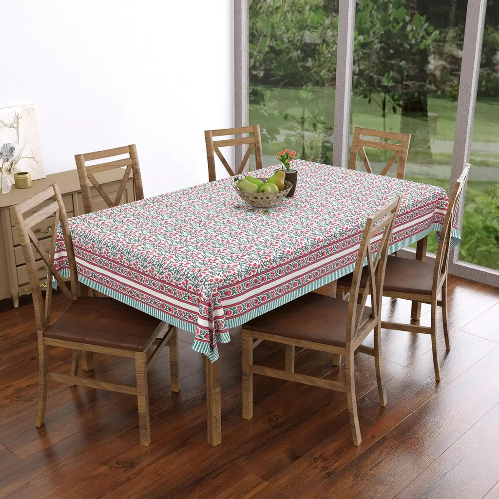 Hand Block Printed (Turquoise Pink) Pure Cotton Table Cloth | 220 cm X 150 cm