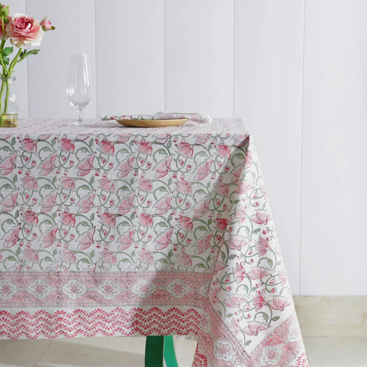 White & Pink hand Block Printed Table cloth | Set of 7