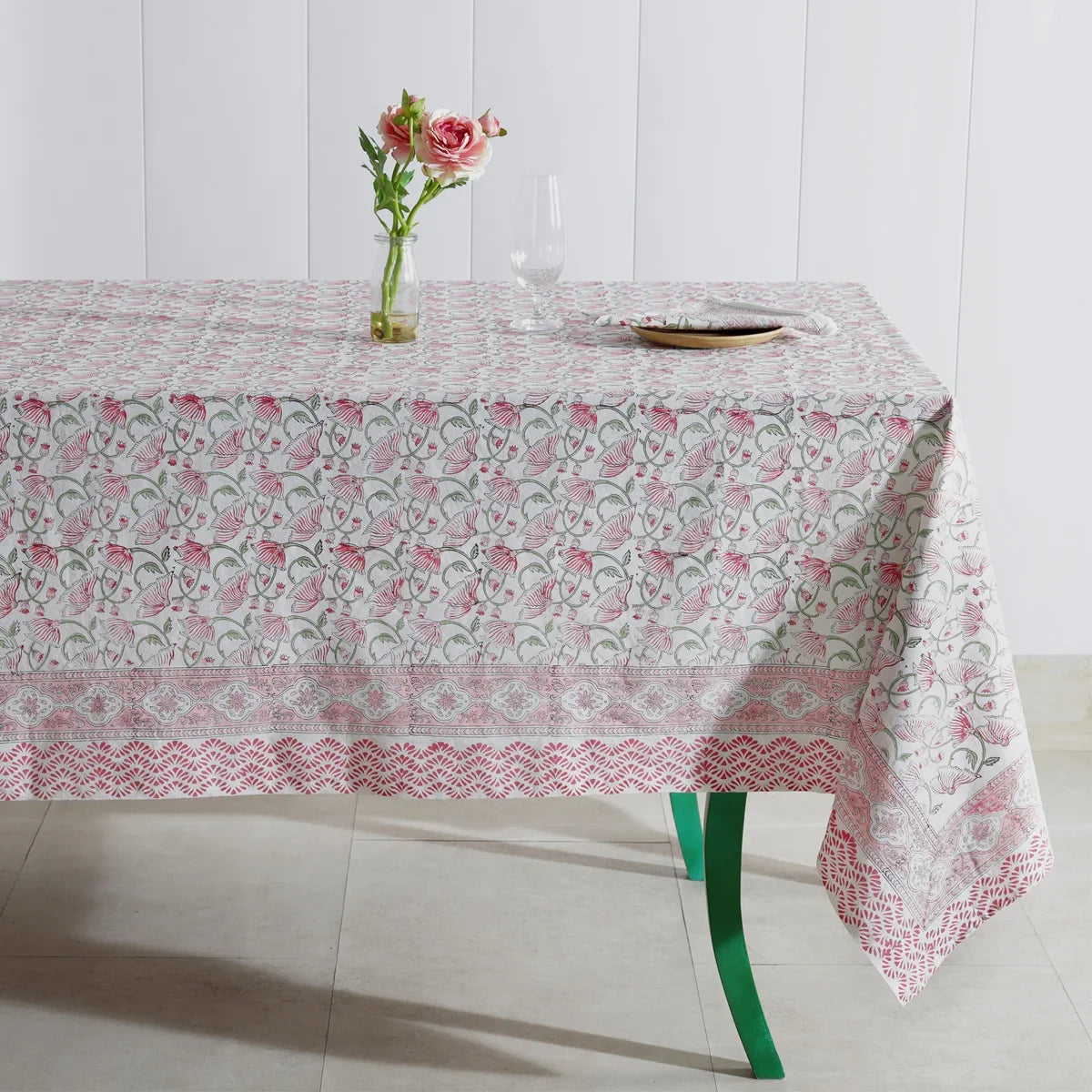 White & Pink hand Block Printed Table cloth | Set of 7