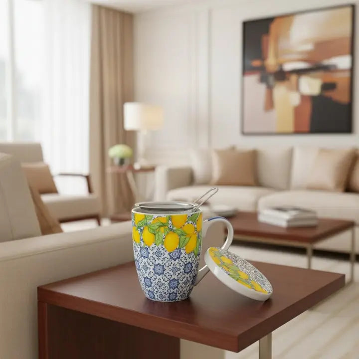Lemon Patterned Mug with Strainer & Cover/Coaster