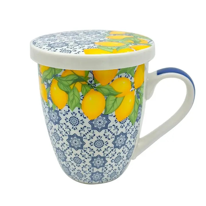Lemon Patterned Mug with Strainer & Cover/Coaster
