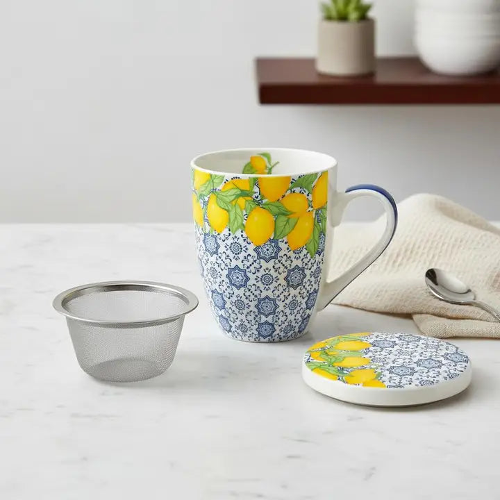 Lemon Patterned Mug with Strainer & Cover/Coaster
