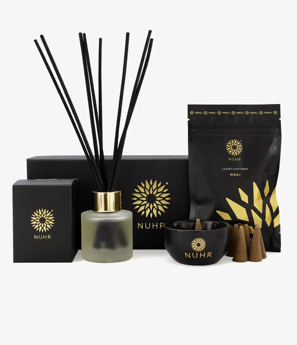 Miraj Home Scenting Gift Set with diffuser, incense cones and burner with option for Roll On Perfume