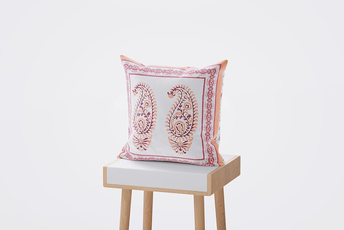 Peach Paisley Ethnic Cotton Square Cushion Covers