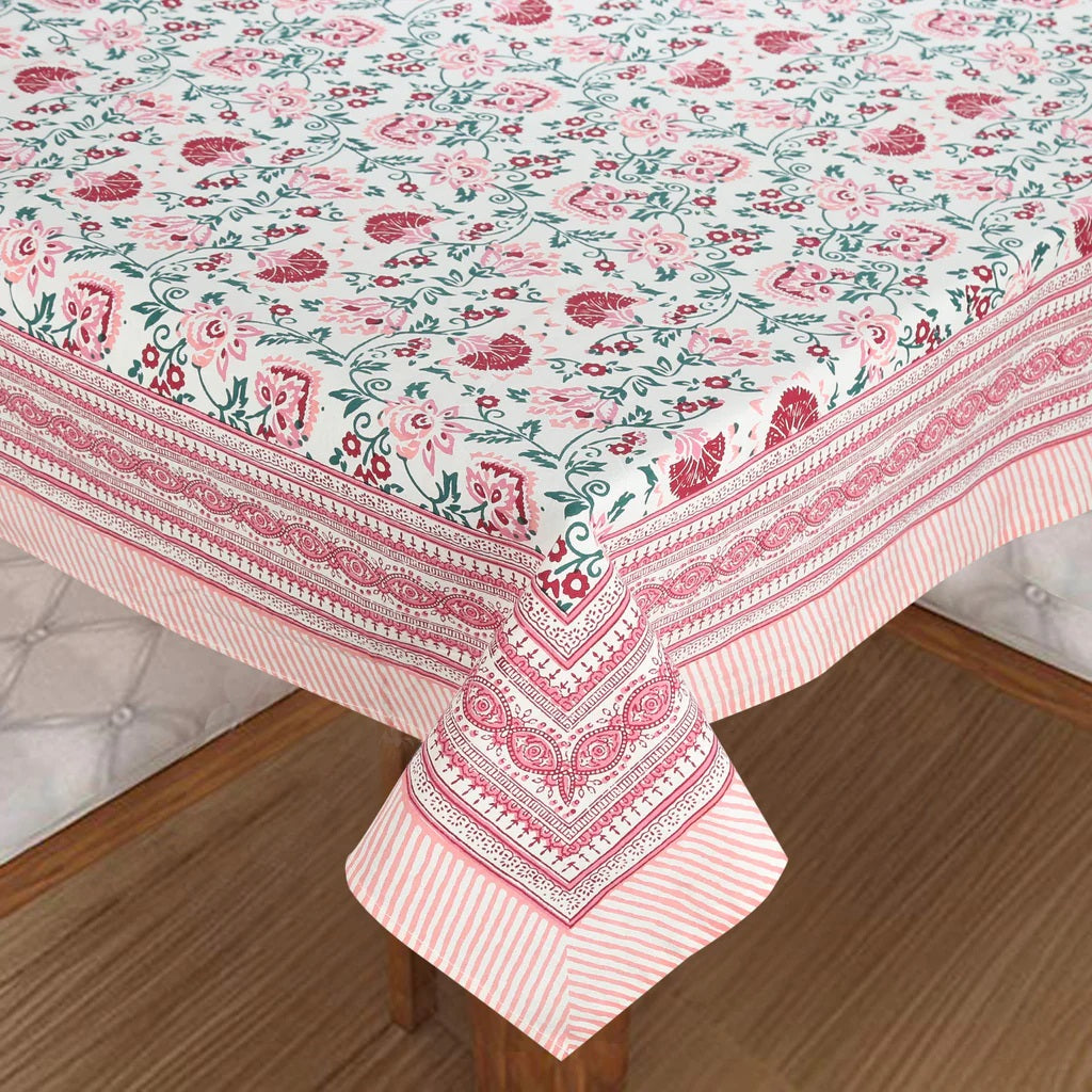 Hand Block Printed (Pink Floral) Pure Cotton Table Cloth | 220 cm X 150 cm