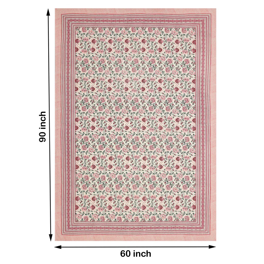 Hand Block Printed (Pink Floral) Pure Cotton Table Cloth | 220 cm X 150 cm