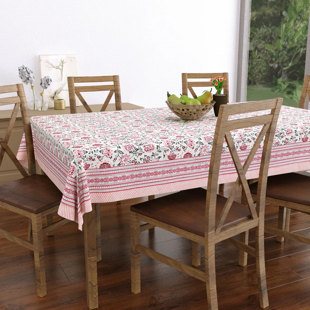 Hand Block Printed (Pink Floral) Pure Cotton Table Cloth | 220 cm X 150 cm