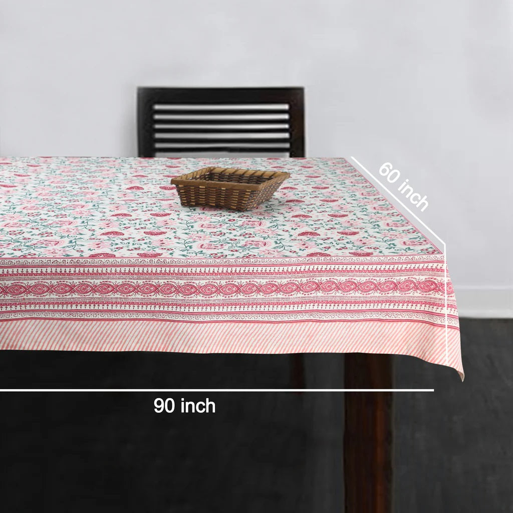 Hand Block Printed (Pink Floral) Pure Cotton Table Cloth | 220 cm X 150 cm