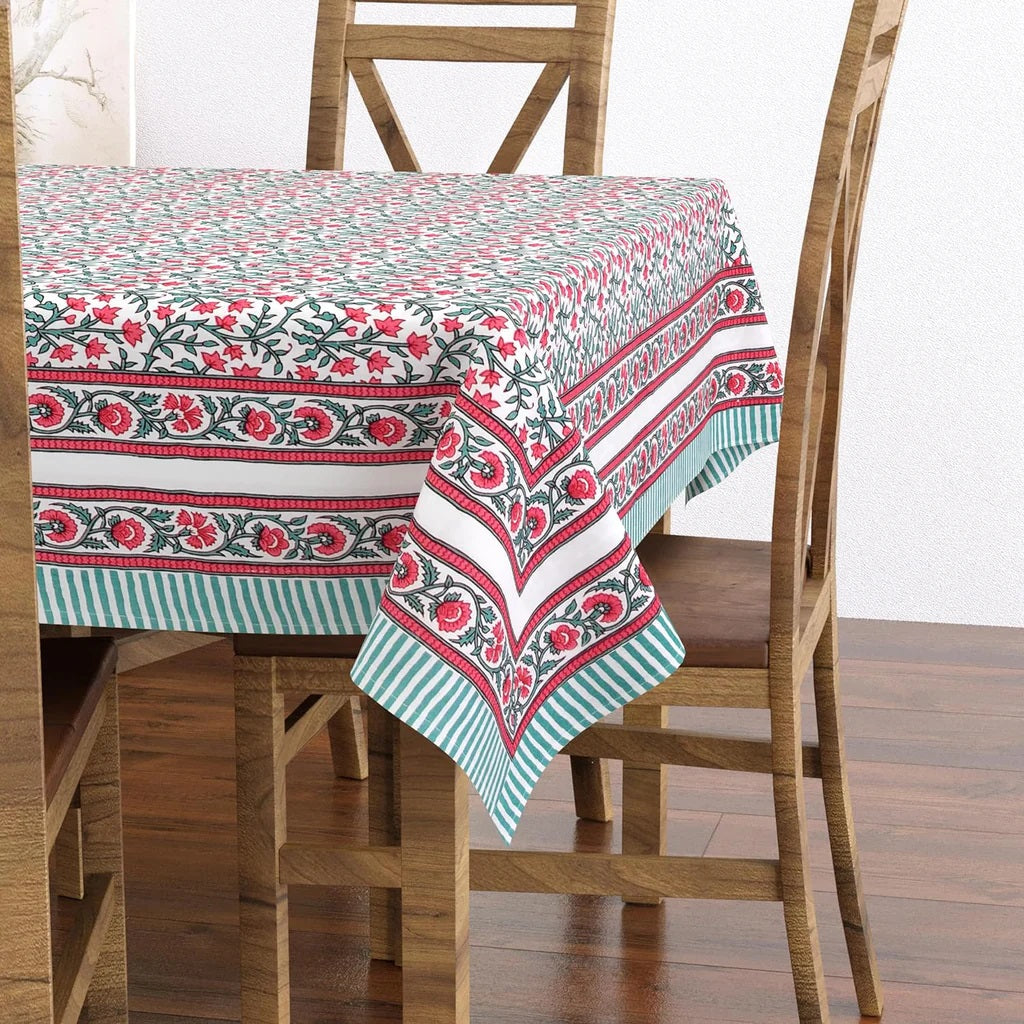Hand Block Printed (Turquoise Pink) Pure Cotton Table Cloth | 220 cm X 150 cm