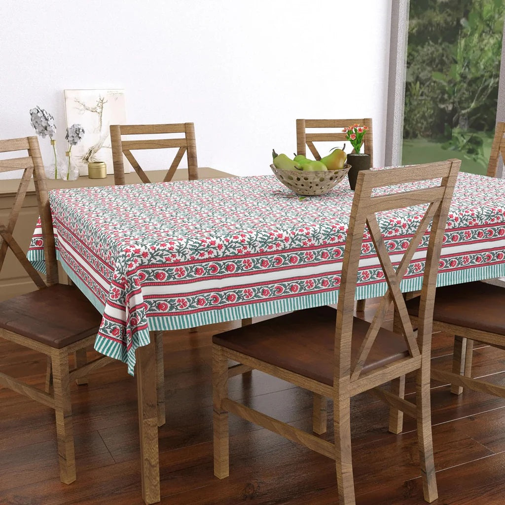 Hand Block Printed (Turquoise Pink) Pure Cotton Table Cloth | 220 cm X 150 cm
