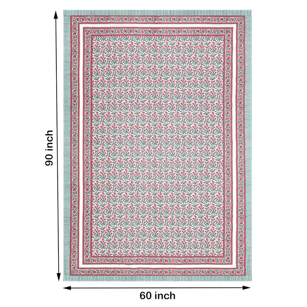 Hand Block Printed (Turquoise Pink) Pure Cotton Table Cloth | 220 cm X 150 cm