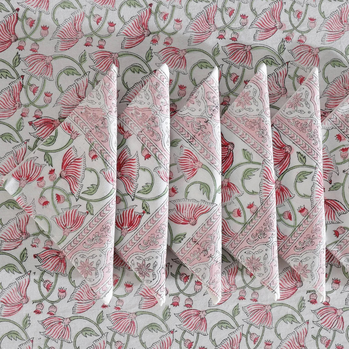 White & Pink hand Block Printed Table cloth | Set of 7